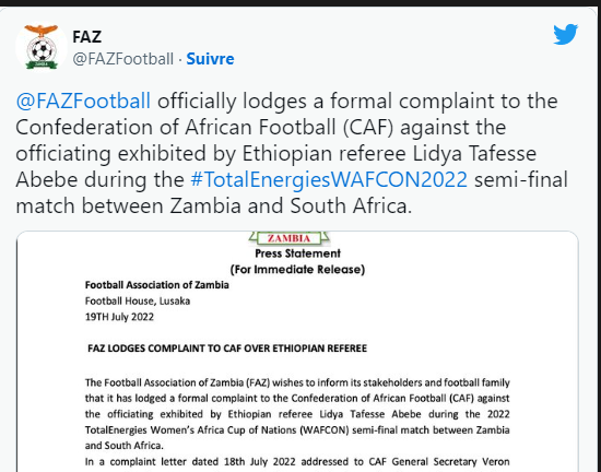 CAN féminine / Demi Finale / Zambie-Afrique du Sud : La Zambie demande à rejouer sa demi-finale ! CAN féminine / Demi Finale / Zambie-Afrique du Sud : La Zambie demande à rejouer sa demi-finale !