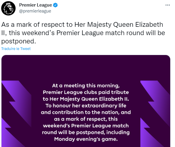 Premier League en deuil :  Pas de match ce week-end suite au décès de la Reine Elizabeth II
