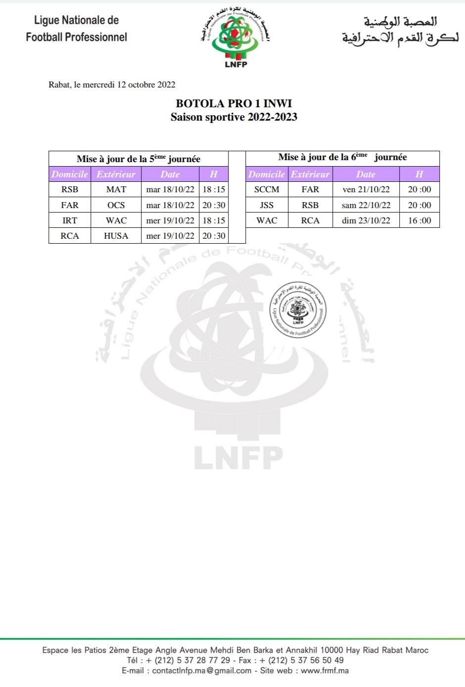 Mise à jour du Botola Pro D1 : Wydad-Raja en duel le dimanche 23 octobre (16h00)