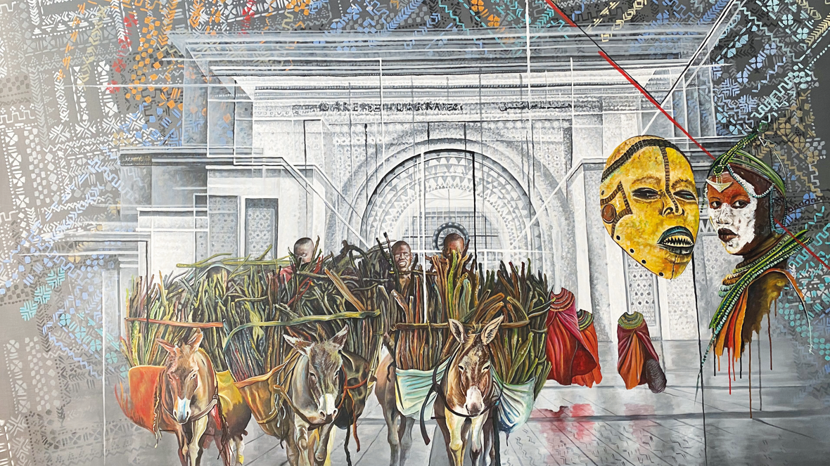 Franck Kemkeng Noah. Débarquement « Massaïs à Marrakech », acrylique sur toile, 180 x 240 cm, 2022.