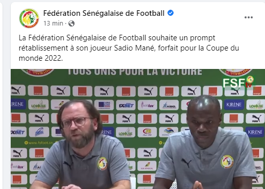 Mondial 2022 : La Fédération sénégalaise officialise l’absence de Sadio Mané