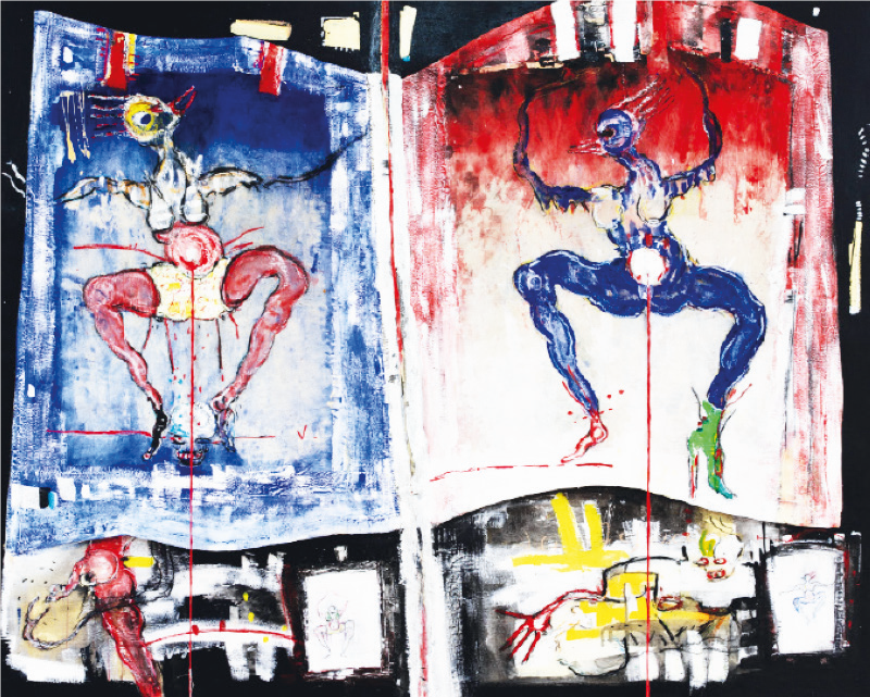 Cordon ombilical ». Technique mixte sur toile, 250 x 200 cm, 2022.