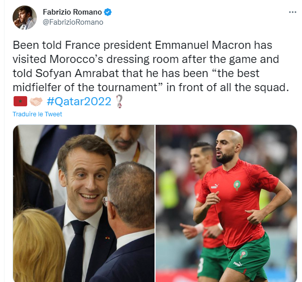 Mondial 2022 / Lu sur twitter  : ‘’On retient le parcours magistral et humain des hommes de Walid Regragui’’ !