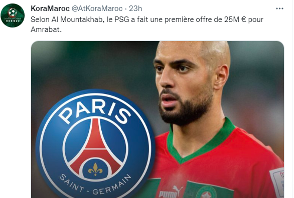 Lu sur twitter : ‘’Le PSG aurait fait une offre de 25 M d’euro  pour Amrabet’’ !