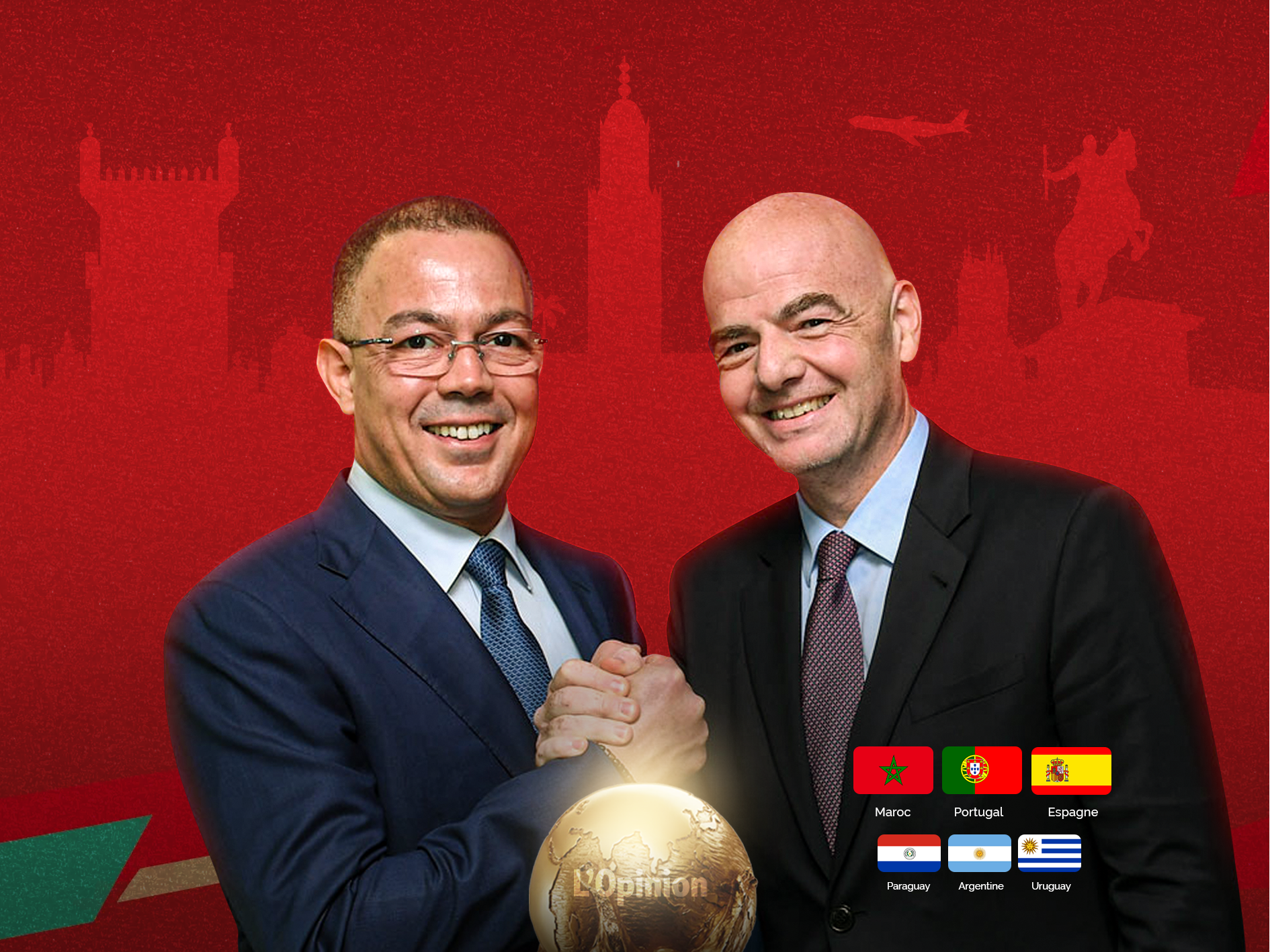 Fouzi Lekjaâ, président de la FRMF, avec Gianni Infantino, président de la FIFA. ( Conception graphique : Saad SALIMI)