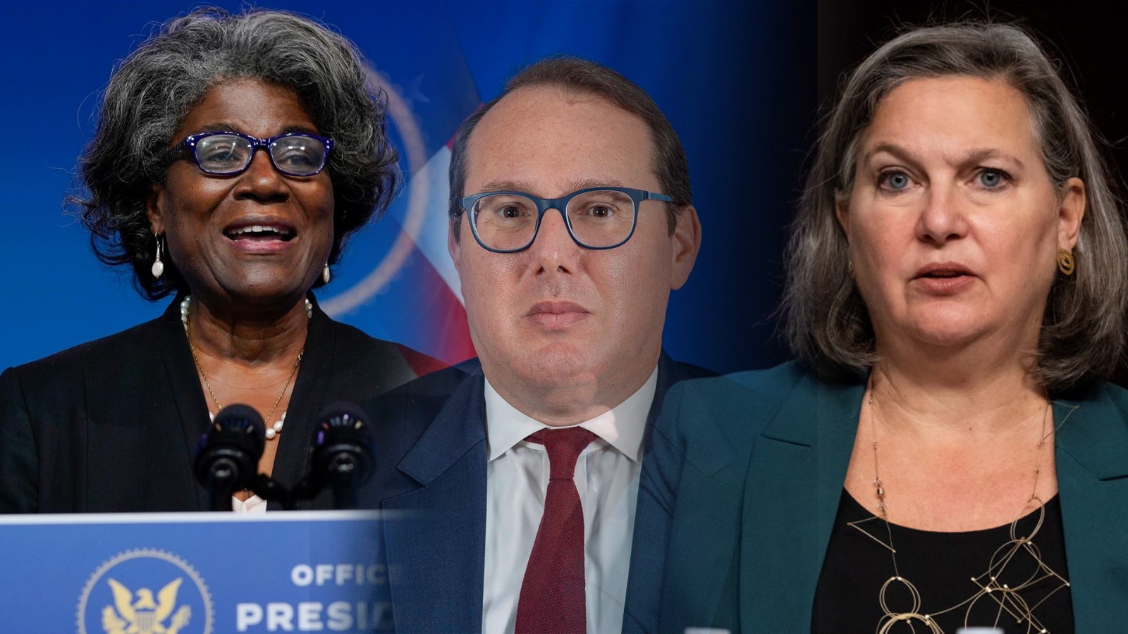 Victoria Nuland (à droite), Joshua Harris ( au centre), Linda Thomas-Greenfield (à gauche), trois personnalités majeures dont la voix compte beaucoup au sein de l'administration Biden