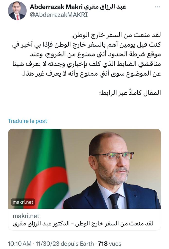 Algérie : Le Dr Makri empêché de quitter le territoire national