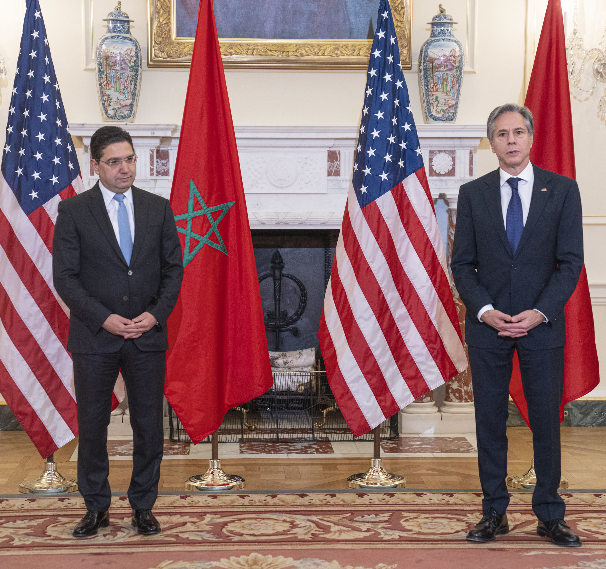 Le Chef de la diplomatie marocaine, Nasser Bourita, avec le Secrétaire d’Etat américain, Antony Blinken. Ph. archives.
