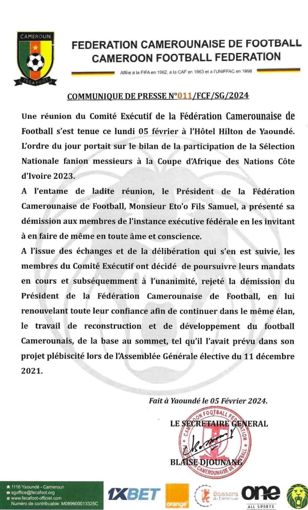 Cameroun / FECA Foot : Eto’o présente sa démission Cameroun / FECA Foot : Eto’o présente sa démission