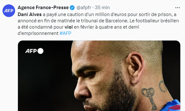 Justice: Dani Alves provisoirement libre dès aujourd'hui