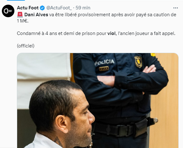 Justice: Dani Alves provisoirement libre dès aujourd'hui Justice: Dani Alves provisoirement libre dès aujourd'hui