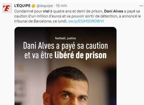 Justice: Dani Alves provisoirement libre dès aujourd'hui