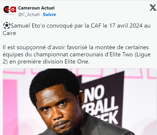 Foot africain / Suspicion d'impartialité:   Eto’o devant la Commission d’Ethique de la CAF ! Foot africain / Suspicion d'impartialité:   Eto’o devant la Commission d’Ethique de la CAF !
