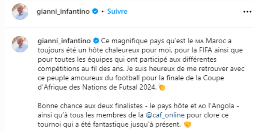 CAN Futsal Maroc 24/Finale Maroc-Angola:  Le Président de la FIFA présent
