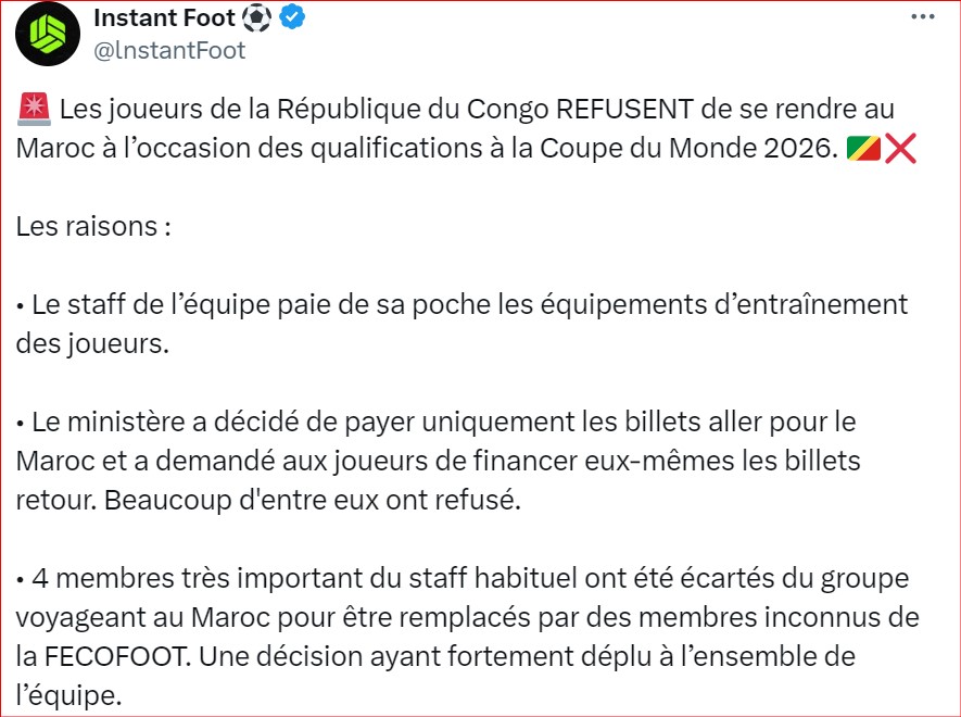 Qualifs. CDM 2026 / Urgent: Possible annulation du match Congo Brazzaville - Maroc de ce mardi !? Qualifs. CDM 2026 / Urgent: Possible annulation du match Congo Brazzaville - Maroc de ce mardi !?