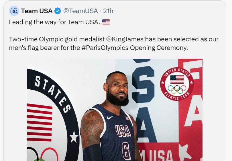 JO Paris 24: LeBron porte drapeau masculin des Etats Unis d’Amérique JO Paris 24: LeBron porte drapeau masculin des Etats Unis d’Amérique
