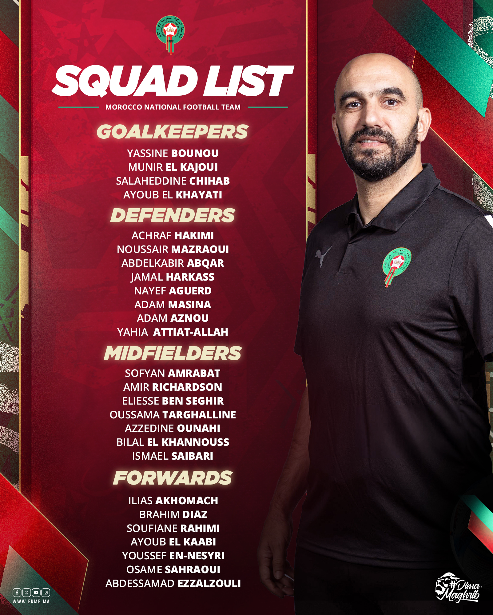 EN: El Khayati ( nouveau), Attiat Allah, Massina, Diaz (rappelés) mais sans Ziyech !