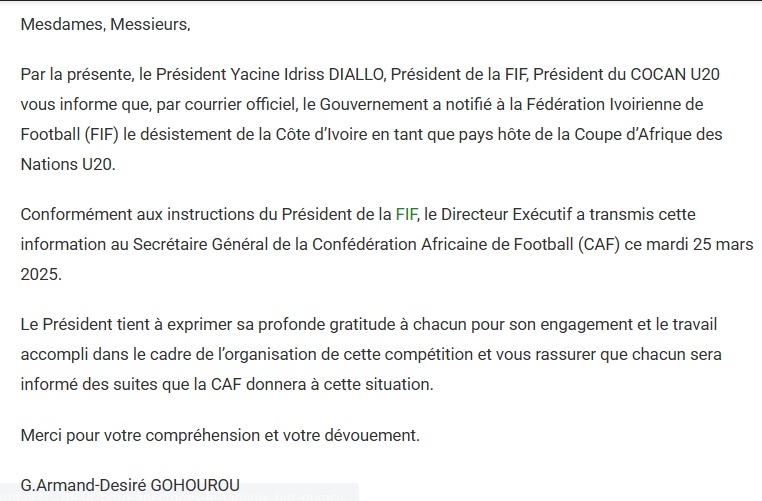 CAN U20 : La Côte d’Ivoire annonce son retrait de l’organisation de la compétition !