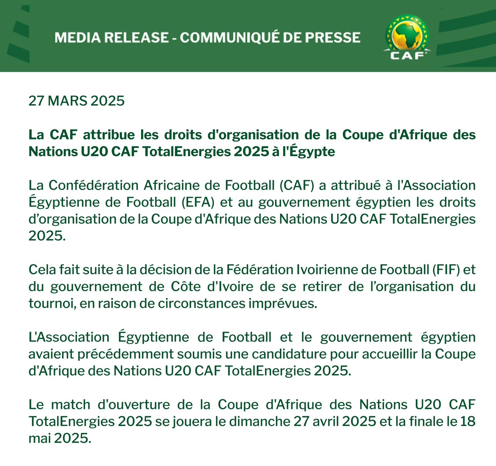 CAN U20: La CAF trouve un nouvel organisateur !