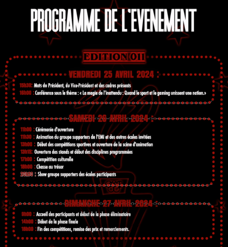 École Mohammedia d'Ingénieurs: Les 11es EMI OLYMPIC GAMES organisés du 25 au 27 avril courant École Mohammedia d'Ingénieurs: Les 11es EMI OLYMPIC GAMES organisés du 25 au 27 avril courant