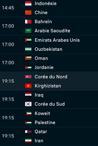 Qualifications CDM 26/ Asie : Programme de ce jeudi 