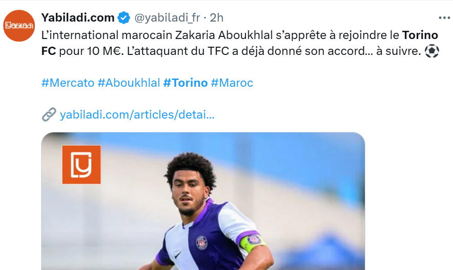 Transfert : Zakaria Aboukhlal rejoint la Série A jusqu’en 2028