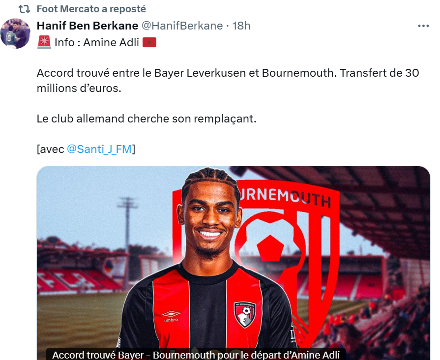 Transfert : Amine Adli vers Bournemouth, Ben Seghir vers Leverkusen ?