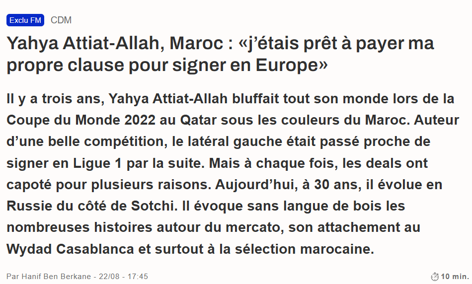 Foot Mercato / Yahya Attiat Allah : « J’étais prêt à payer ma propre clause pour signer en Europe »