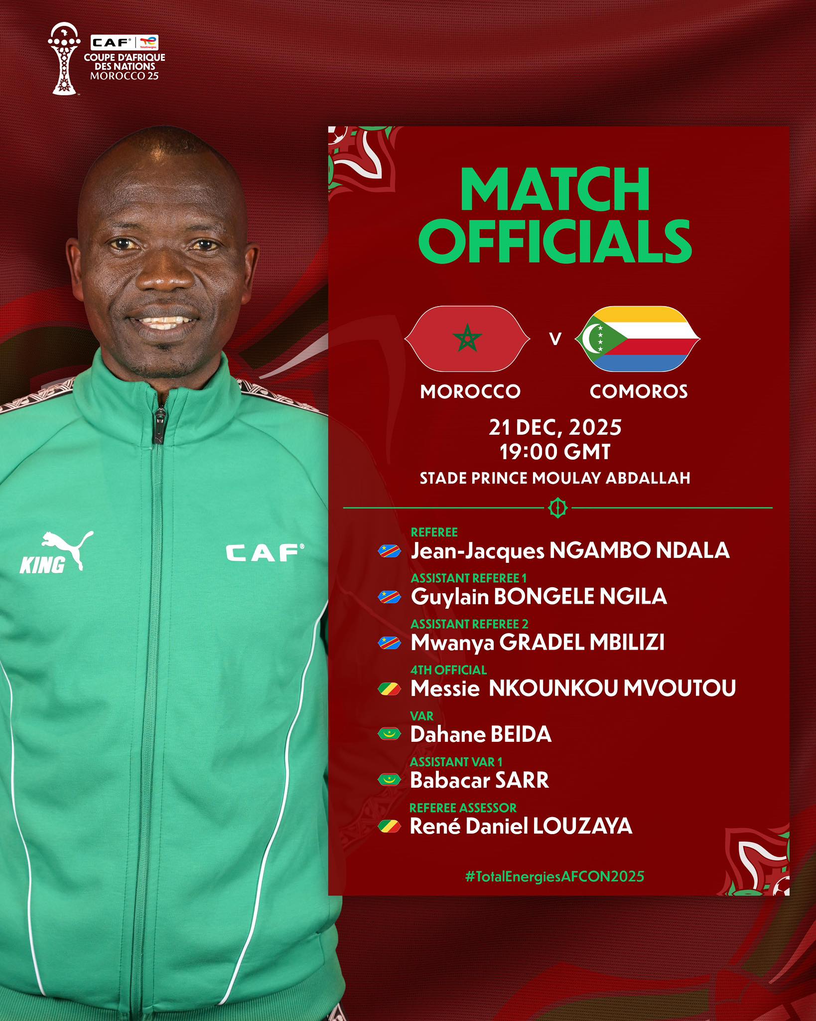 Le Congolais Jean-Jacques Ndala désigné pour diriger le match d’ouverture Maroc–Comores