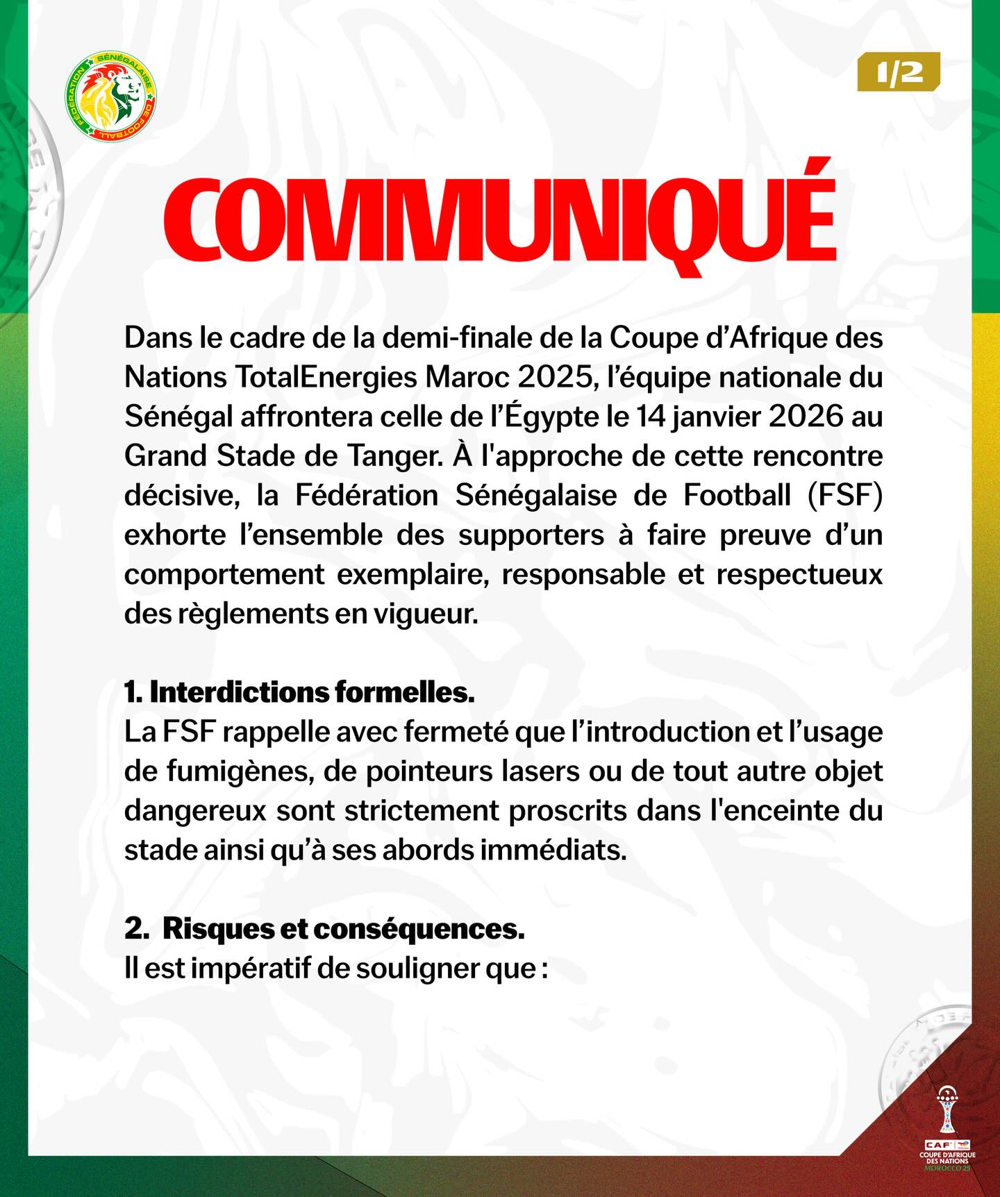CAN 2025 : le Sénégal appelle ses supporters à la discipline avant le choc face à l’Égypte