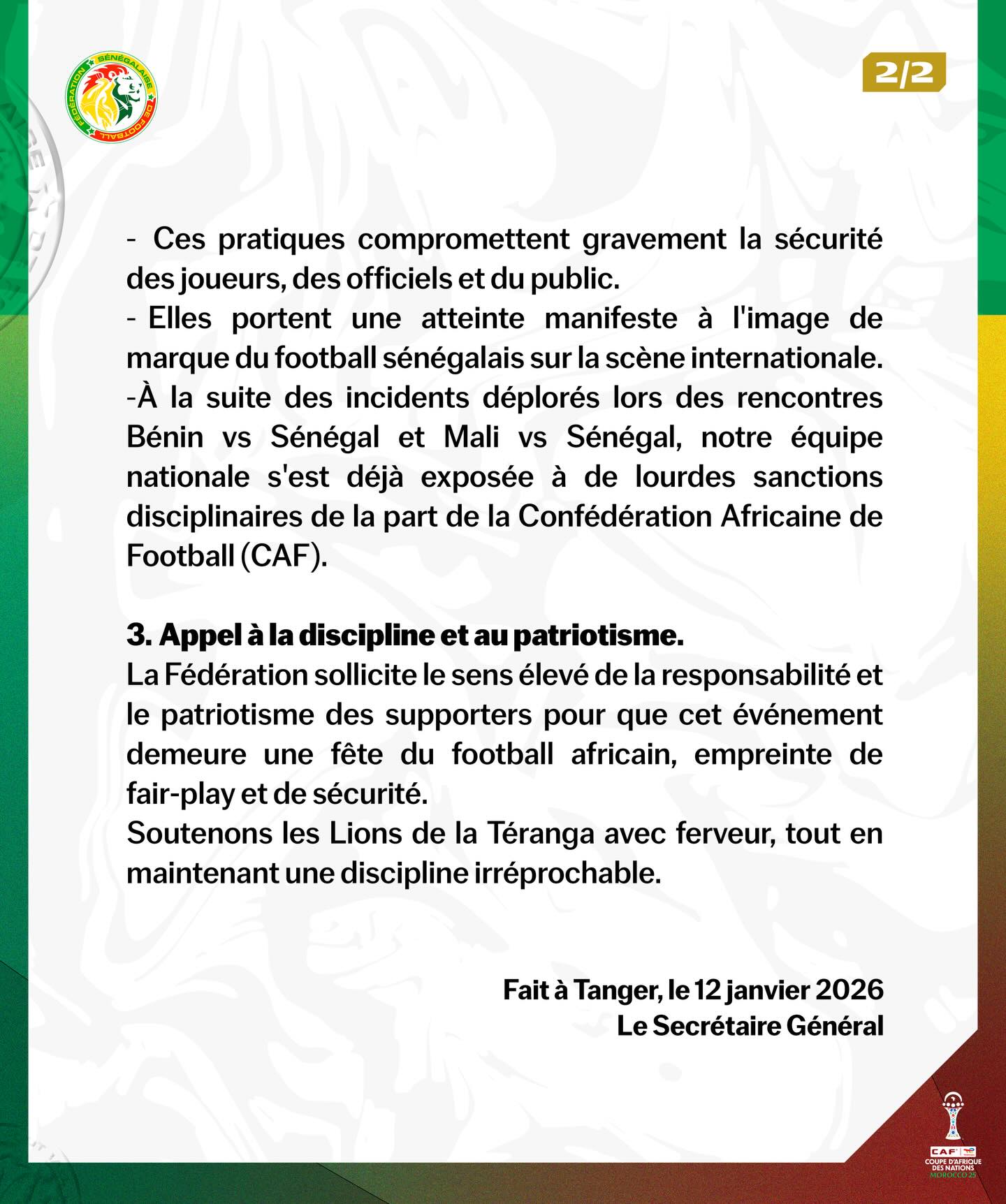 CAN 2025 : le Sénégal appelle ses supporters à la discipline avant le choc face à l’Égypte