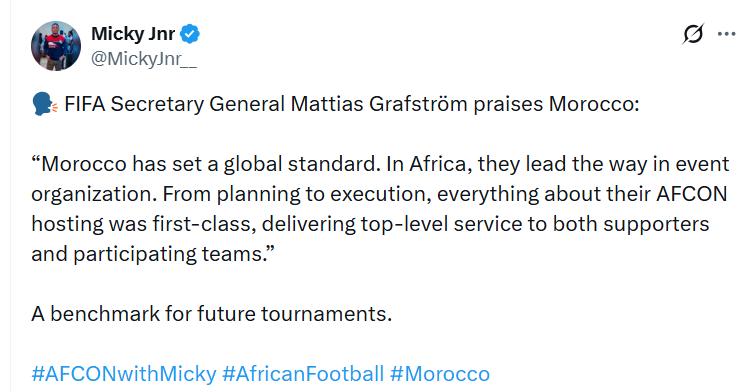 CAN : la FIFA salue l’excellence organisationnelle du Maroc, « une norme mondiale »